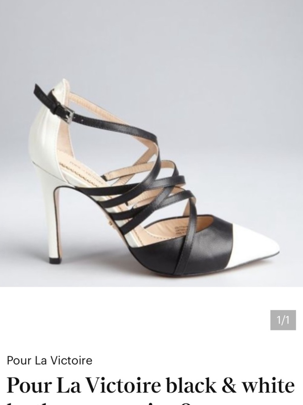 Pour La Victoire Black and Cream Strappy Pointed-Toe Stiletto Heels